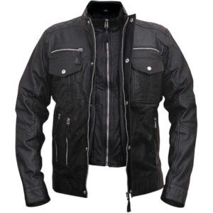 Męska kurtka skórzana Cafe Racer z owczej skóry w kolorze czarnym