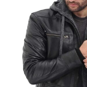 Czarna skórzana kurtka motocyklowa męska z kapturem