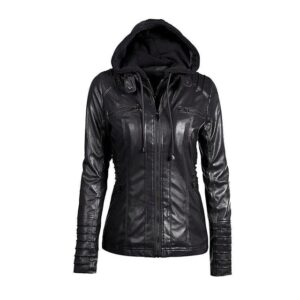 Czarna, designerska skórzana kurtka motocyklowa z kapturem