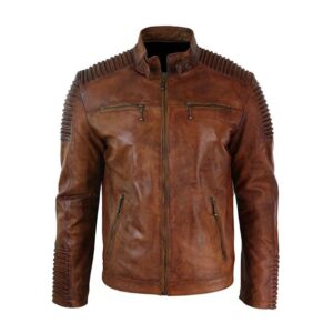 Designerska męska skórzana kurtka motocyklowa z paskiem przy szyi