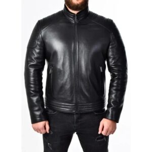 Męska pikowana czarna skórzana kurtka motocyklowa – Dopasowany Krój