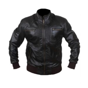Męska czarna skórzana kurtka typu bomber w stylu motocyklowym