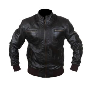 Męska czarna skórzana kurtka typu bomber w stylu motocyklowym