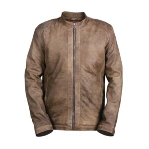 Męska kurtka motocyklowa ze skóry khaki w stylu vintage