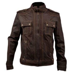 Męska brązowa kurtka motocyklowa Slim Fit Stone Washed ze skóry