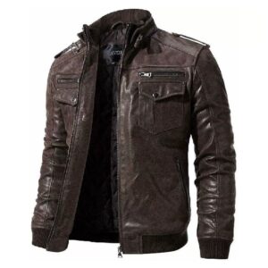 Nowa męska skórzana kurtka Biker Cafe Racer w kolorze brązowym