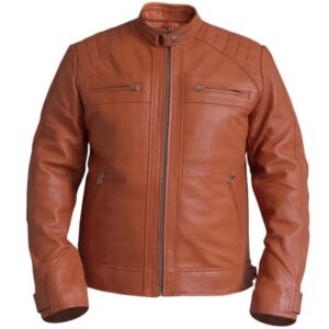 Brązowa skórzana kurtka motocyklowa w stylu vintage z wzorem diamentów