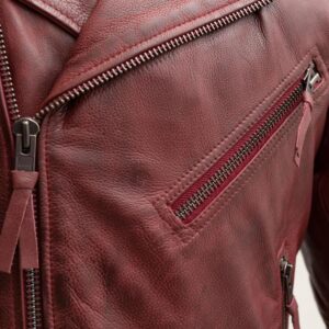 Męska motocyklowa kurtka skórzana z owczej skóry w kolorze bordowym