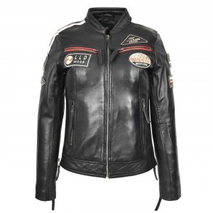 BUNERI Damska Skórzana Kurtka Cafe Racer Biker z Naszywkami