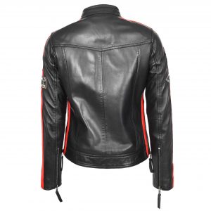 BUNERI Damska Skórzana Kurtka Cafe Racer Biker z Naszywkami