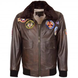 BUNERI Męska Skórzana Kurtka Bomber Styl Air Force Brązowa