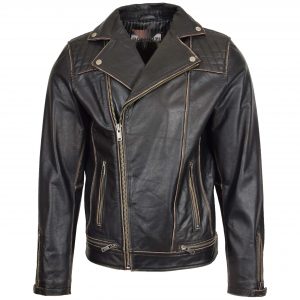 BUNERI Męska Skórzana Kurtka Biker Brando Vintage Czarna