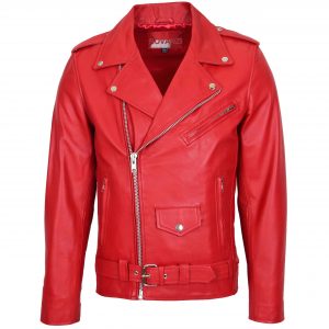 BUNERI Męska Skórzana Kurtka Biker Styl Brando Czerwona