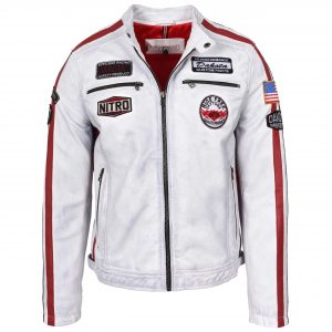 BUNERI Męska Skórzana Kurtka Biker Motorsport Vintage Biała