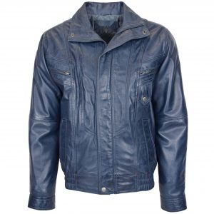 BUNERI Męska Skórzana Kurtka Bomber Blouson Niebieska