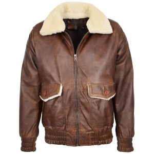 BUNERI Męska Skórzana Kurtka Bomber Styl G-1 Aviator Brązowa