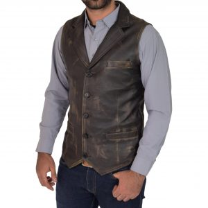 BUNERI Męska Skórzana Kamizelka na Guziki Gilet Rub Off