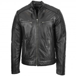 BUNERI Męska Czarna Skórzana Kurtka Cafe Racer Biker