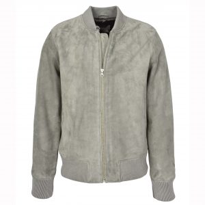 BUNERI Męska Szara Kurtka Bomber Varsity z Naturalnego Zamszu