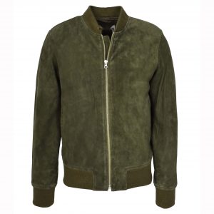 BUNERI Męska Kurtka Bomber MA-1 Varsity z Naturalnego Zamszu Oliwkowa