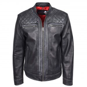 BUNERI Męska Prawdziwa Skórzana Kurtka Biker Styl Cafe Racer Czarna