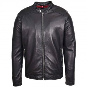 BUNERI Męska Prawdziwa Skórzana Kurtka Casual Biker Czarna