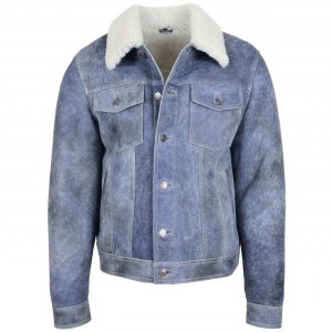 BUNERI Męska Kurtka Trucker z Naturalnej Skóry Owczej Denim Niebieski