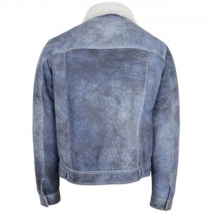 BUNERI Męska Kurtka Trucker z Naturalnej Skóry Owczej Denim Niebieski