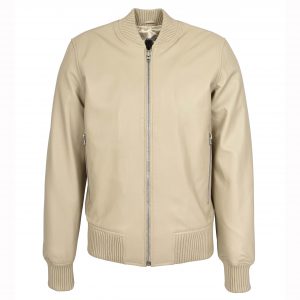 BUNERI Męska Prawdziwa Miękka Skórzana Kurtka Bomber MA-1 w Stylu Varsity Beżowa