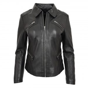 BUNERI Damska Klasyczna Skórzana Kurtka Biker Zip Box Czarna