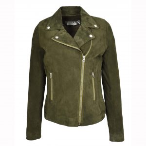 BUNERI Damska Kurtka Biker z Naturalnego Zamszu Oliwkowa