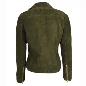BUNERI Damska Kurtka Biker z Naturalnego Zamszu Oliwkowa