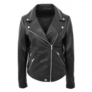 BUNERI Damska Skórzana Kurtka Biker Cross-Zip Czarna II