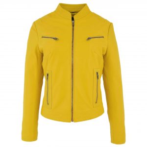BUNERI Becky Żółta Damska Kurtka Skórzana ze Stójką