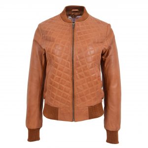 BUNERI Damska Skórzana Kurtka Bomber Varsity Pikowana Jasnobrązowa