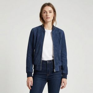 BUNERI Damska Niebieska Kurtka Bomber z Zamszu Styl MA-1