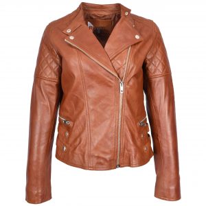 BUNERI Damska Naturalna Skórzana Kurtka Biker Klasyczny Styl Cross-Zip Kasztanowa