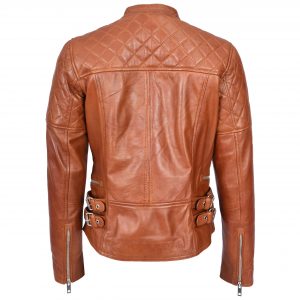 BUNERI Damska Naturalna Skórzana Kurtka Biker Klasyczny Styl Cross-Zip Kasztanowa