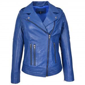 BUNERI Damska Kurtka Biker z Naturalnej Skóry Cross Zip Niebieska