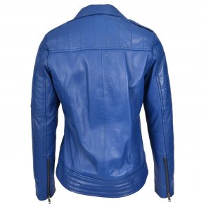 BUNERI Damska Kurtka Biker z Naturalnej Skóry Cross Zip Niebieska
