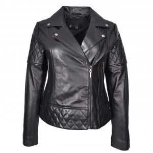 BUNERI Damska Prawdziwa Skórzana Kurtka Multi Cross-Zip Biker Dopasowana Pikowana Czarna