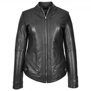 BUNERI Damska Naturalna Skórzana Kurtka Biker Slim Fit ze Stojącym Kołnierzem