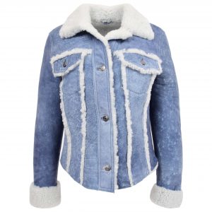 BUNERI Damska Kurtka Trucker z Naturalnej Skóry Owczej w Kolorze Denim Niebieskim