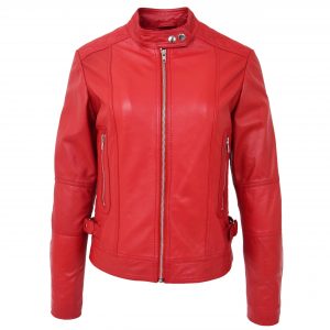 BUNERI Damska Kurtka Biker z Naturalnej Skóry Ruby Czerwona