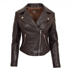 BUNERI Damska Miękka Skórzana Kurtka Biker Cross-Zip Brązowa