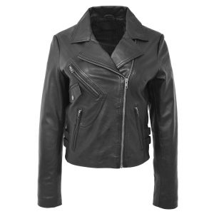 BUNERI Damska Miękka Skórzana Kurtka Cross-Zip Casualowa Czarna